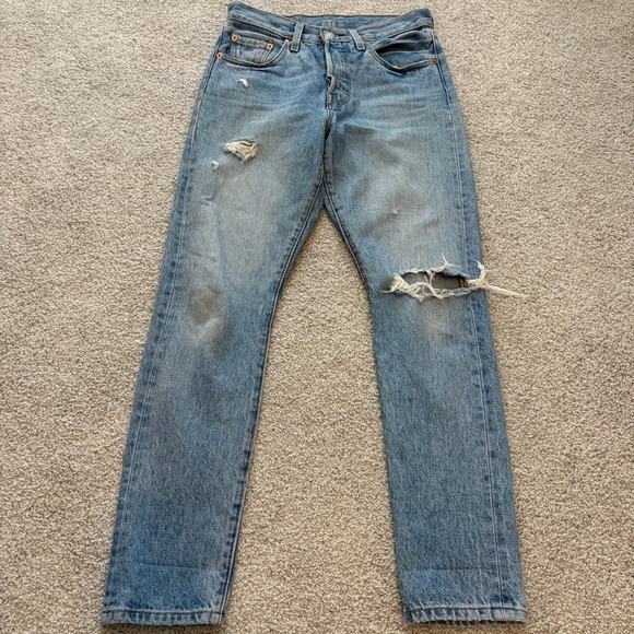 Levi's Denim - Levis 501 Jeans Womens 25 Medium Wash Distressed Thrashed Button Fly Retro